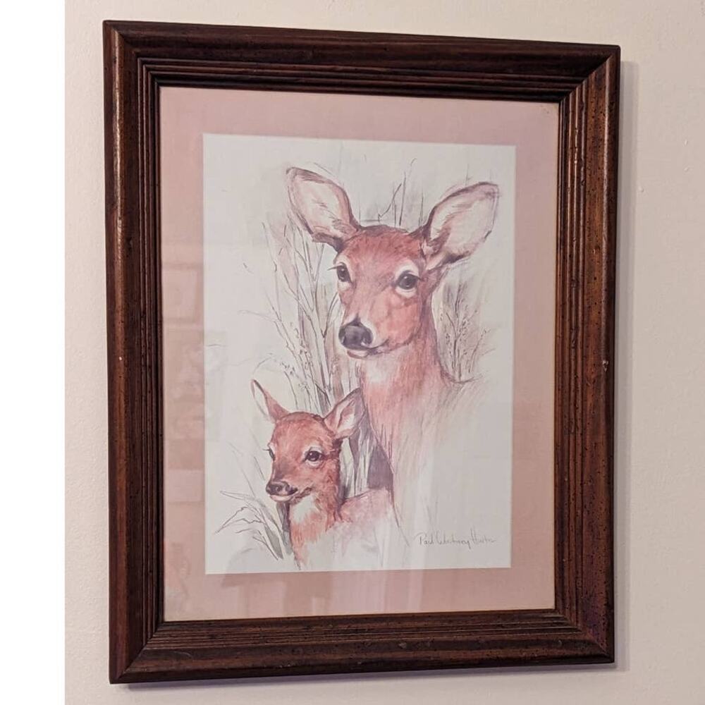 Vintage Wildlife  Deer Art Print- Mother Fawn Watercolor Paul Whitney Mom Baby